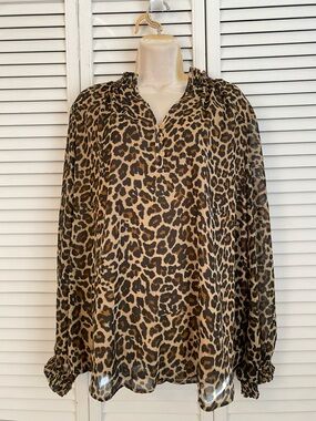 NWT St Johns Bay Womens Leopard Chiffon Blouse 2XL Ruffle High Neck Mobwife Chic